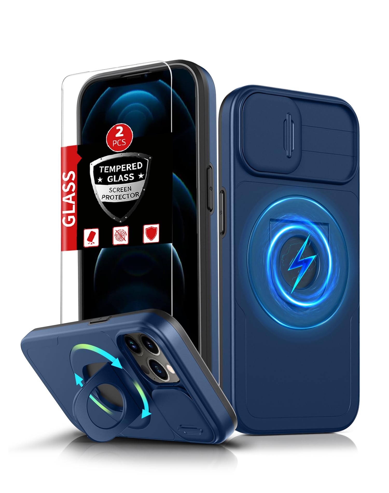 FRLMOOES for iPhone 12 Case/for iPhone 12 Pro Case Magnetic Compatible with MagSafe Wireless Charging,with 2 Screen Protectors,with Kickstand+Camera