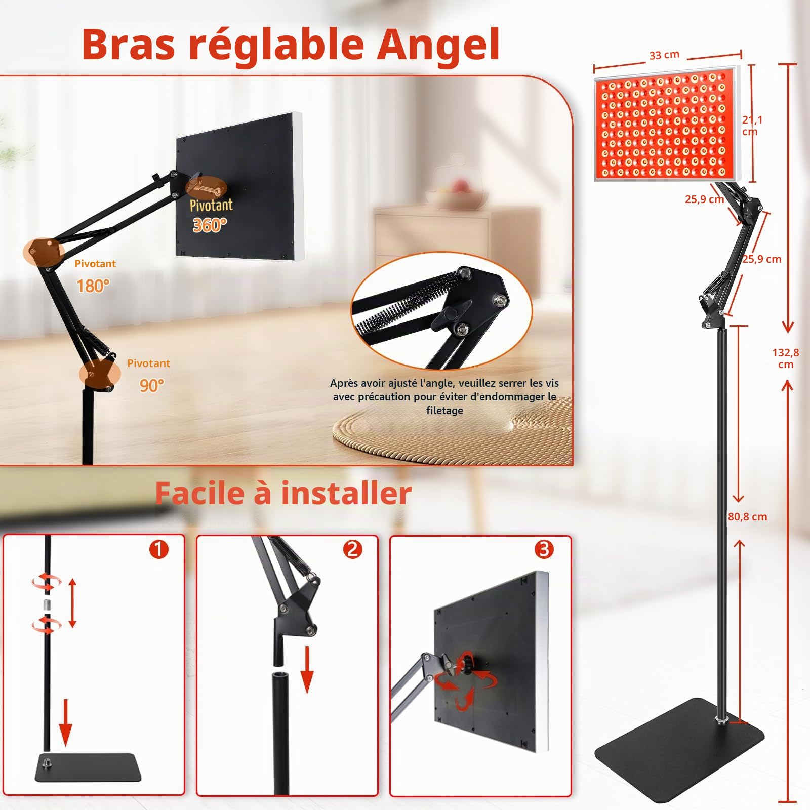 Thérapie par lumière rouge pour le corps et le visage, thérapie par la lumière infrarouge avec support, panneau de lampe de thérapie par lumière rouge, lumière rouge 660 nm et 850 nm LED proche