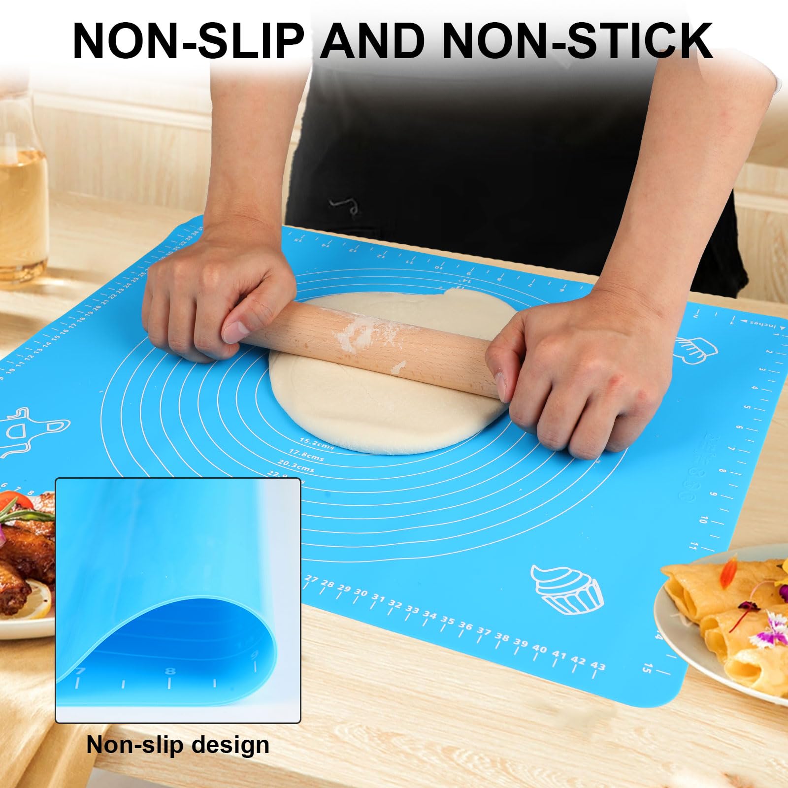 Set Tappetino Da Pasticceria In Silicone MIKULA 61x40cm Con Mattarello Regolabile E Tagliapizza 2 In 1 - Antiaderente