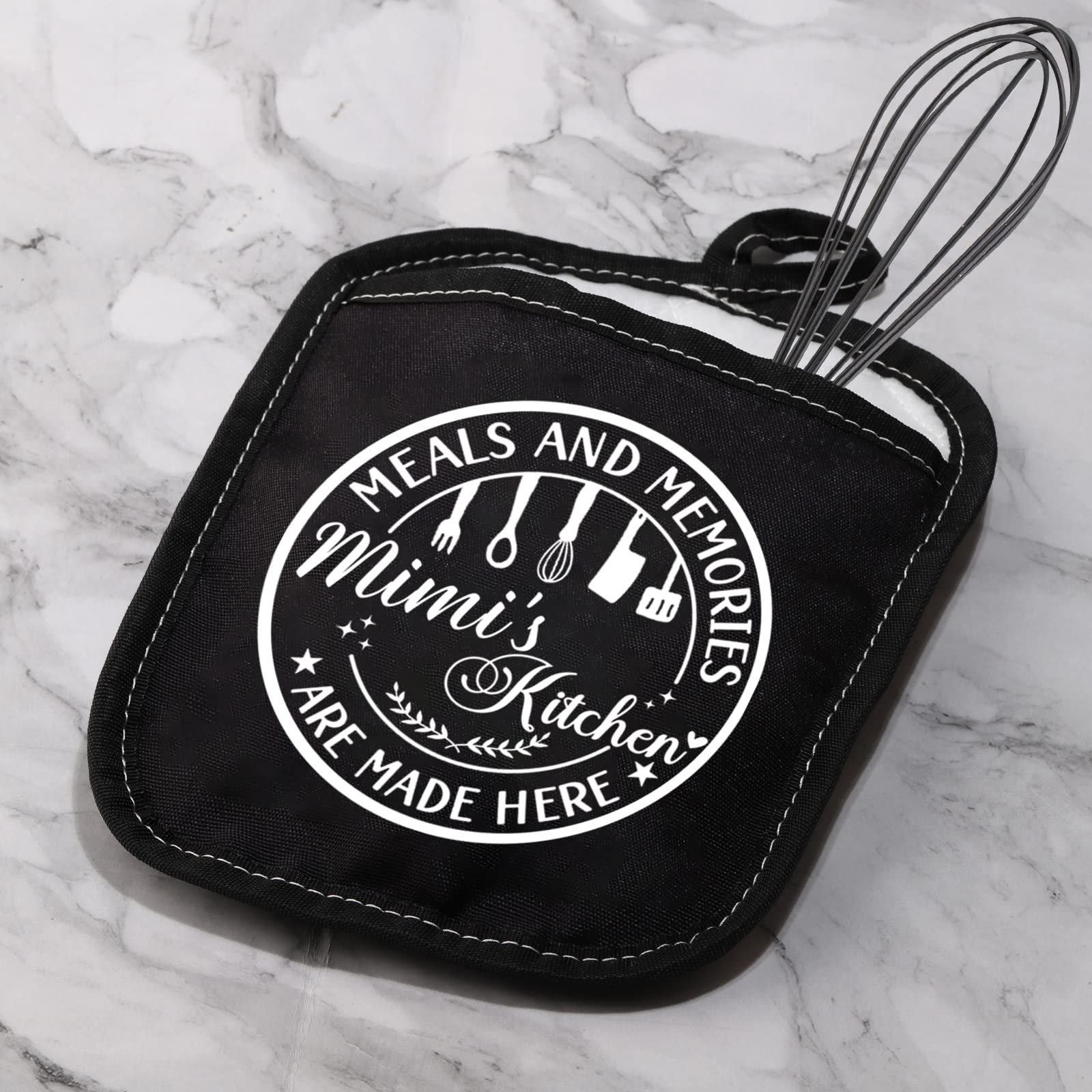 "Meals & Memories Are Made Here" Pot Holder - Gift For Mimi (Grandma), 8.5x6.8", Black Text