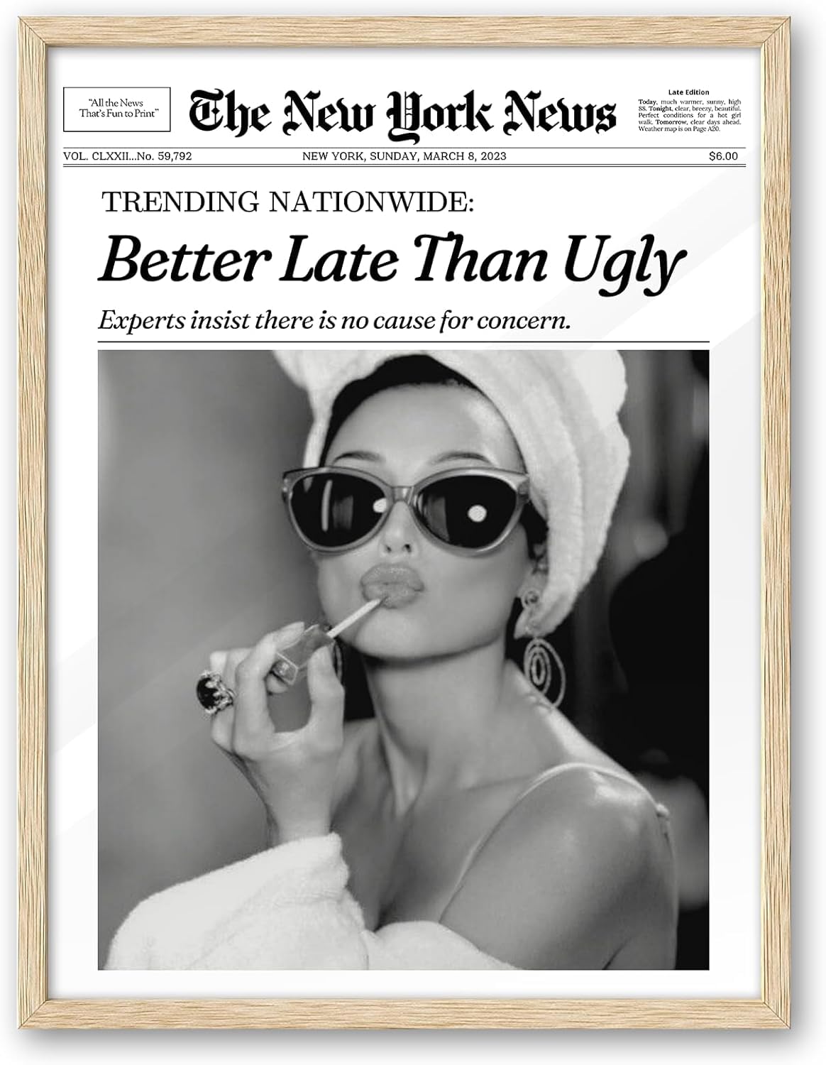 iHery Better Late Than Ugly Natural OAK Wood Audrey Hepburn Newspaper Trendy Framed Wall Art, Large 16x20 in Vintage Headline Canvas Bedroom Wall Decor, Set of 1 Bathroom Girly Dorm Living Room
