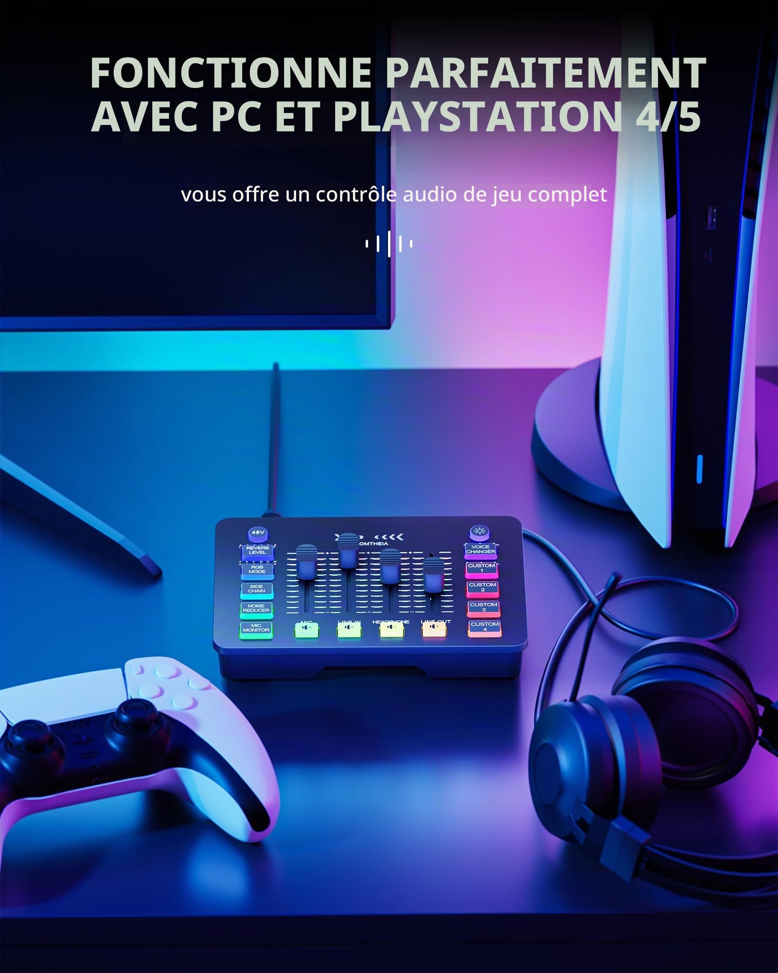 Carte son de jeu Interface audio Changeur de voix pour PC PS4 PS5 Mixeur de streaming Table de mixage compatible avec microphone à condensateur XLR/dynamique