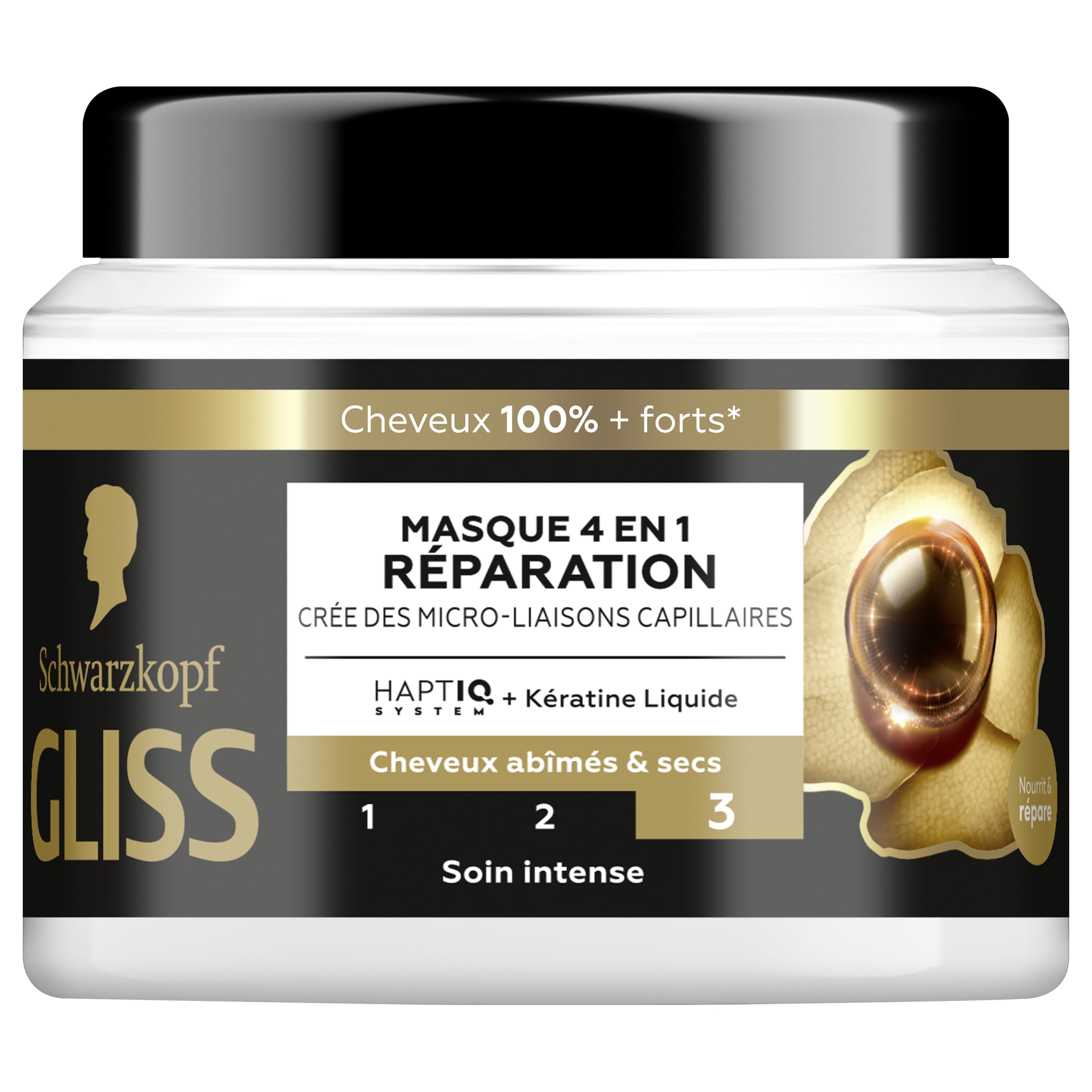 GLISS, Schwarzkopf, Masque 4en1, Reparation, Keratine Liquide, Haptiq System, Cree des Micro Liaisons Capillaires, Cheveux Abimes et Secs, Soin Intense, Nourrit & Repare, 400ml
