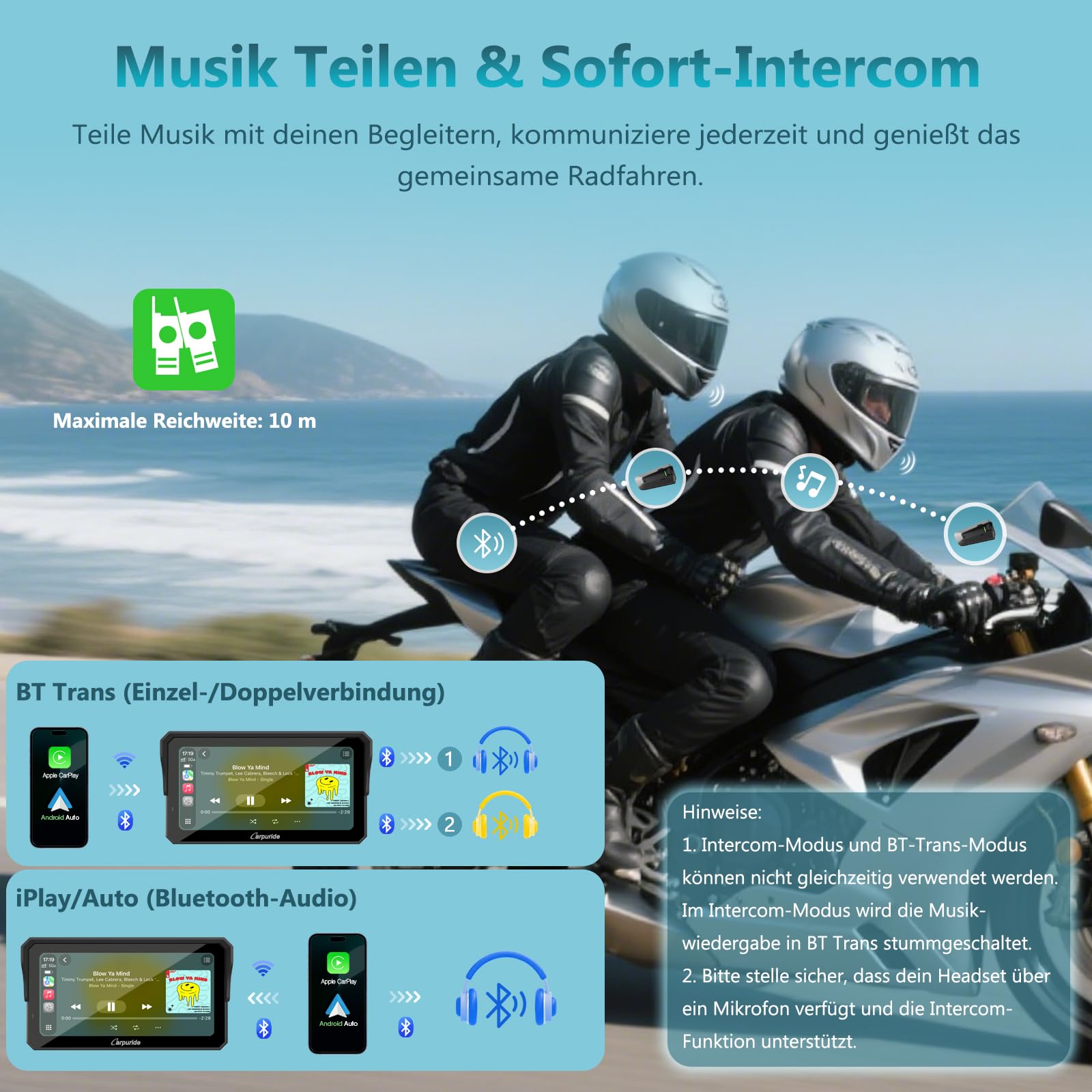 Carpuride W602S Pro Motorrad CarPlay Bildschirm mit BM05 für Plug-and-Play, Kabelloses CarPlay & Android Auto, 6,25" Wasserdichter Touchscreen, OTA, Dual-Bluetooth, Intercom-Funktion, Kabel Controller