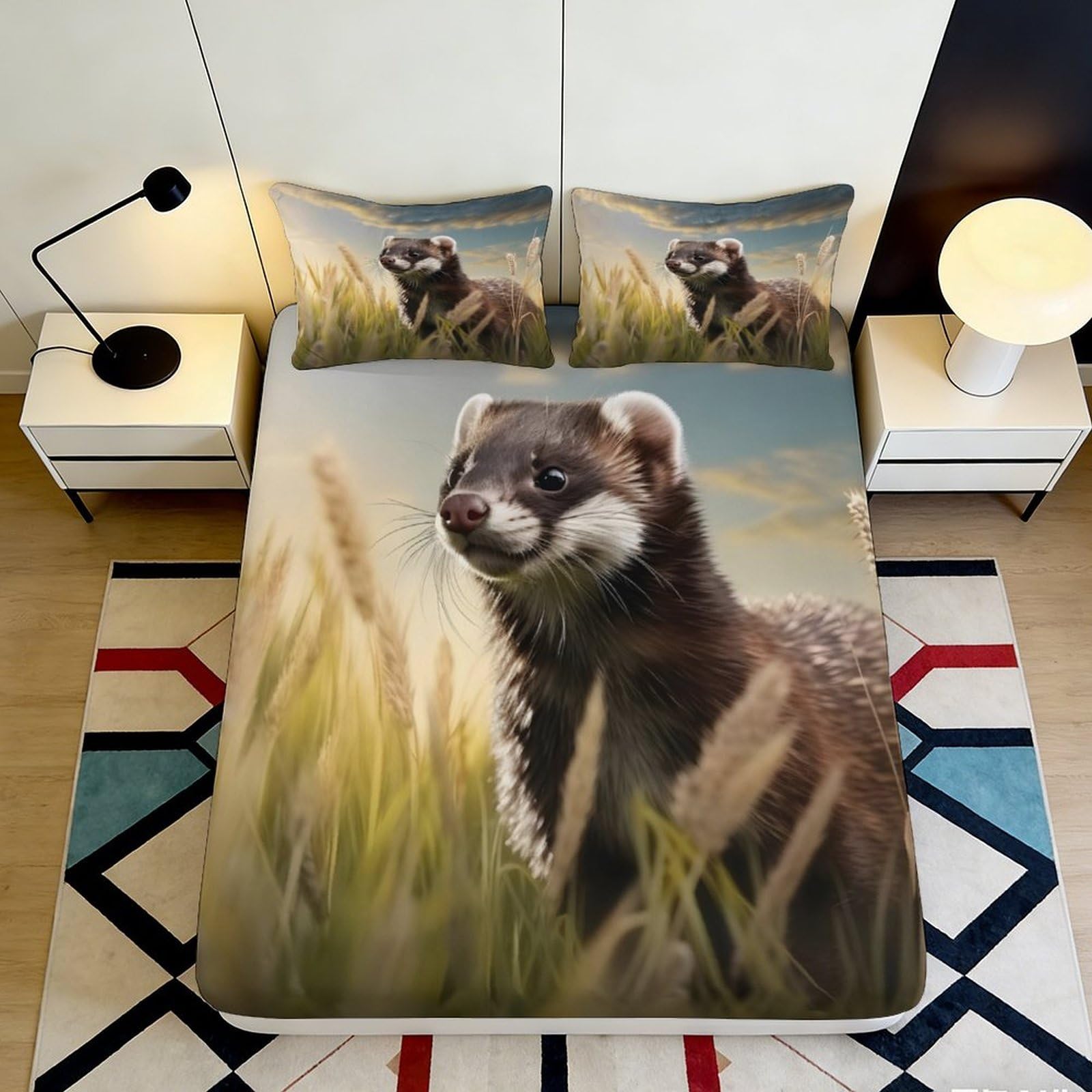 3D Printed Ferret Meadow Fitted Sheet Microfiber Soft Anti-Slip Bed Cover for Bedroom Dorm Guest Room Decor 90x200x25cm