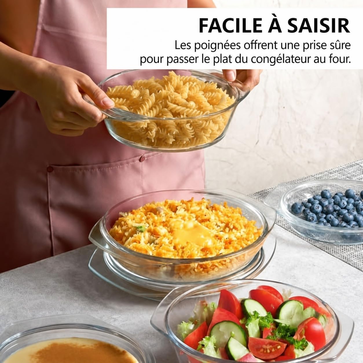 Set di 3 casseruole rotonde in vetro con coperchio, 0,7 L/1,5 L/2 L, piatti per Gratin in vetro borosilicato trasparente, resistenti al forno e alla lavastoviglie, per cucina, servizio e conservazione