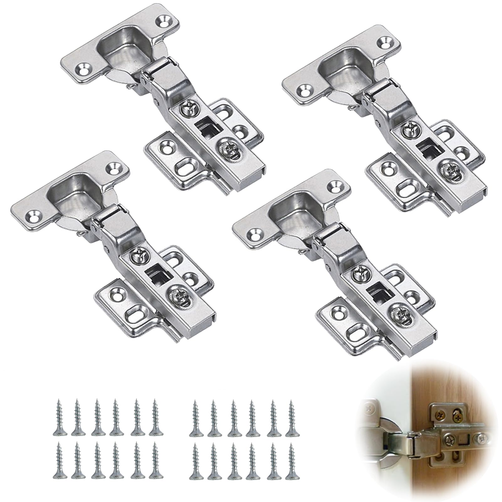 4 Pcs Kitchen Cupboard Hinges with Screws, Kitchen Cabinet Hinges, Snap Close Hinge, Full Overlay Mute Door Hinge