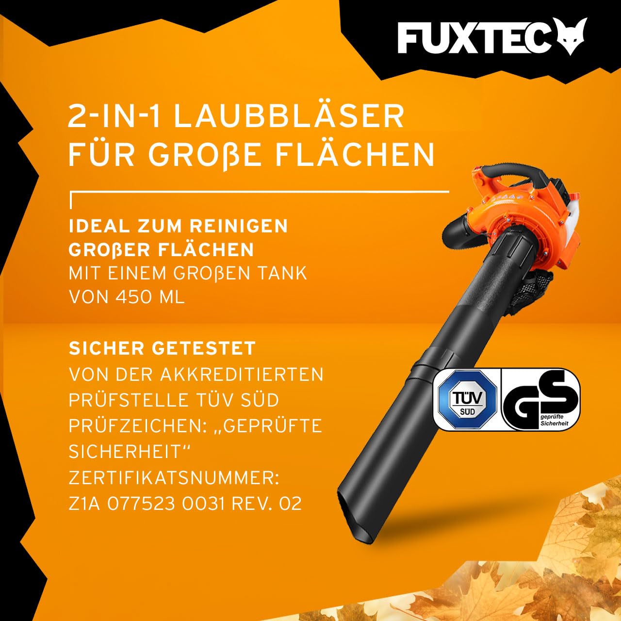 FUXTEC Benzin Laubbläser 2in1 FX-LB126 inkl. 2 Blasrohre – Auf Laubsauger erweiterbar – 2-Takt Motor – getestet Oberklasse 1,4 – Blasgeschwindigkeit 71 m/s