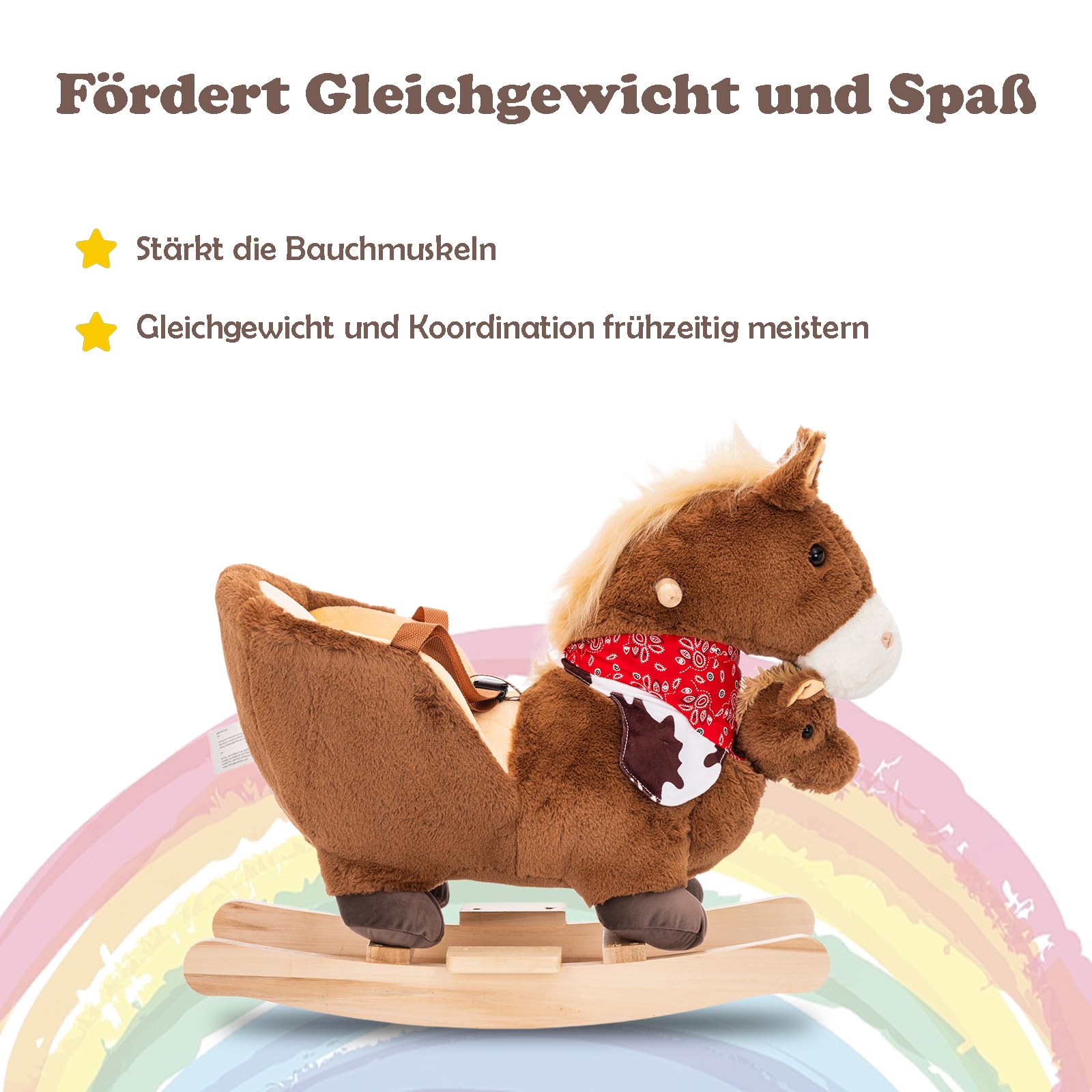 Schaukeltier mit Handpuppe, Kinder Schaukelstuhl mit Sicherheitsgurt, 12 bis 36 Monaten (Braun)