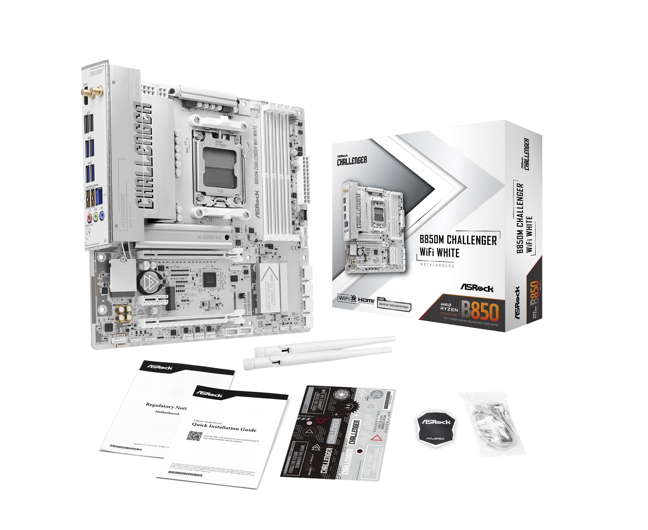 ASRock B850M Challenger WiFi White Socket AM5 Micro-ATX płyta główna, kompatybilna z AMD Ryzen Series 9000/8000/7000, B850, DDR5 8000+(OC), PCIe 5.0, WiFi 7, LAN 2.5G, porty Lightning do gier