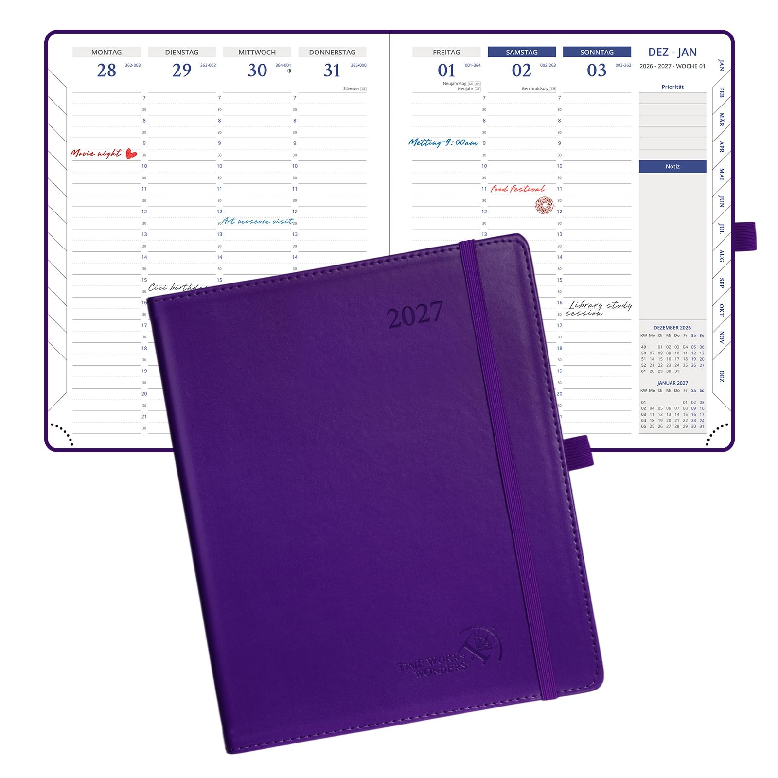 POPRUN Kalender 2027 A5 + auf Deutsch Wochenplaner mit PU-Softcover | Terminplaner,(Jan.2027-Dez.2027),Wochenplaner mit 30-Minuten-Taktung,Monatsregister,100 GSM Papier(Lila)