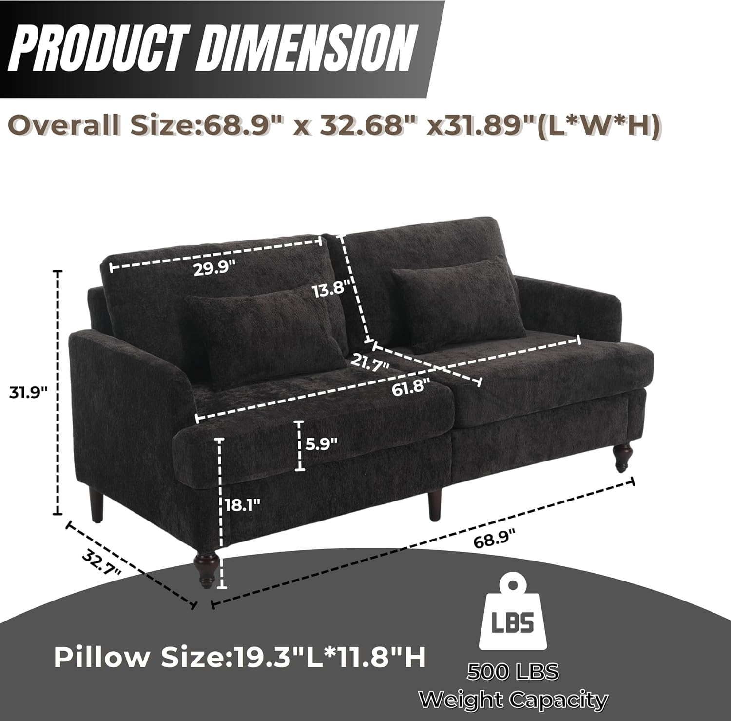 Chenille Modern Loveseat Couch Sofa 68" Black Cloud Futon Couch with Armrest,2 Pillows,Wood Leg Comfy Upholstered 2 Seater Sofa Couches for Living Room Small Space Bedroom Apartment