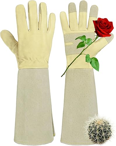Miniatura 12 de HANDLANDY Guantes de jardinería de cuero, guantes largos a prueba de espinas, guantes de jardín resistentes, longitud al codo, guantes de poda