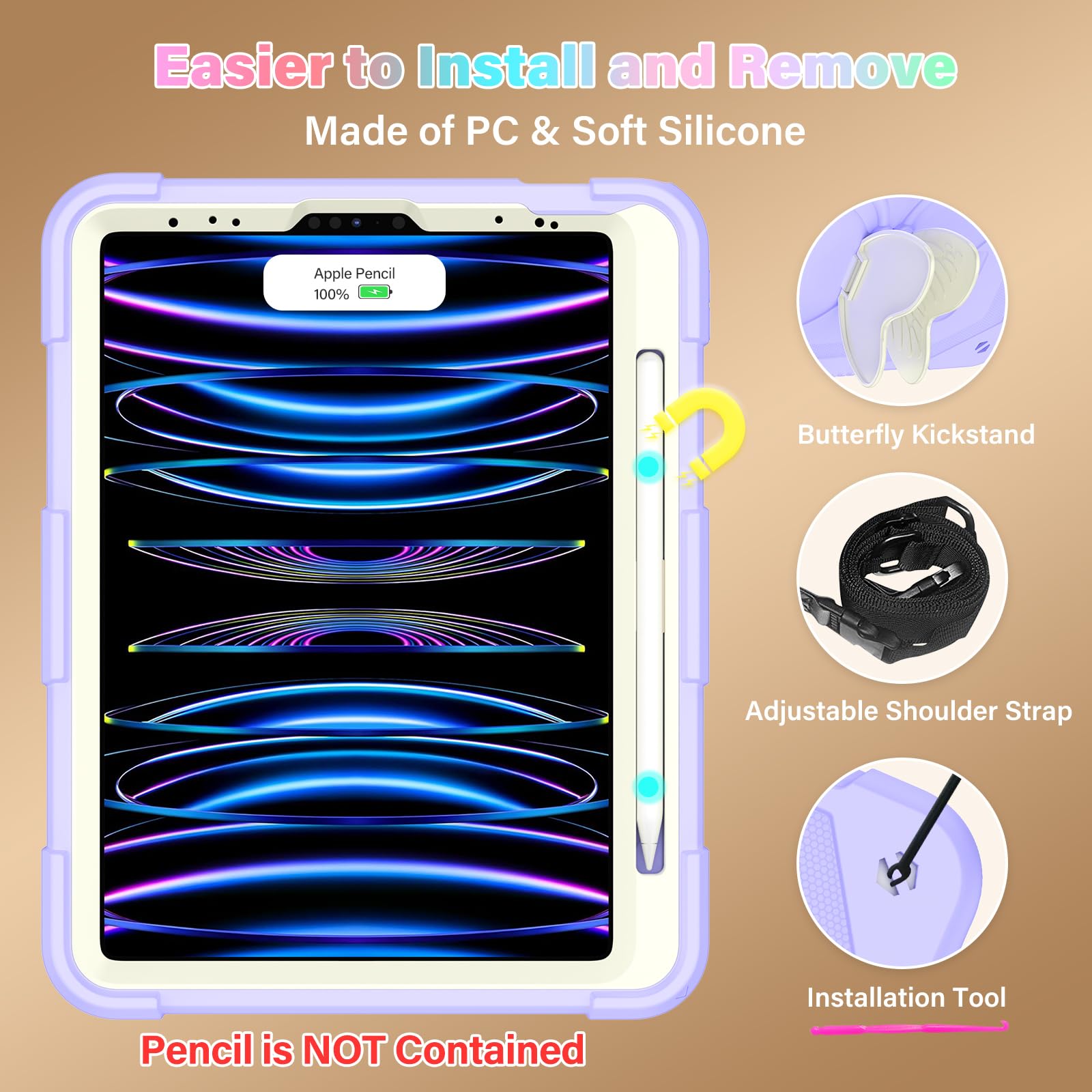 HOGENL Étui papillon pour iPad Pro 11" 2022/2021/2020/2018/iPad Air 5e/4e génération avec porte-crayon, bandoulière de protection robuste pour enfants et filles – Violet