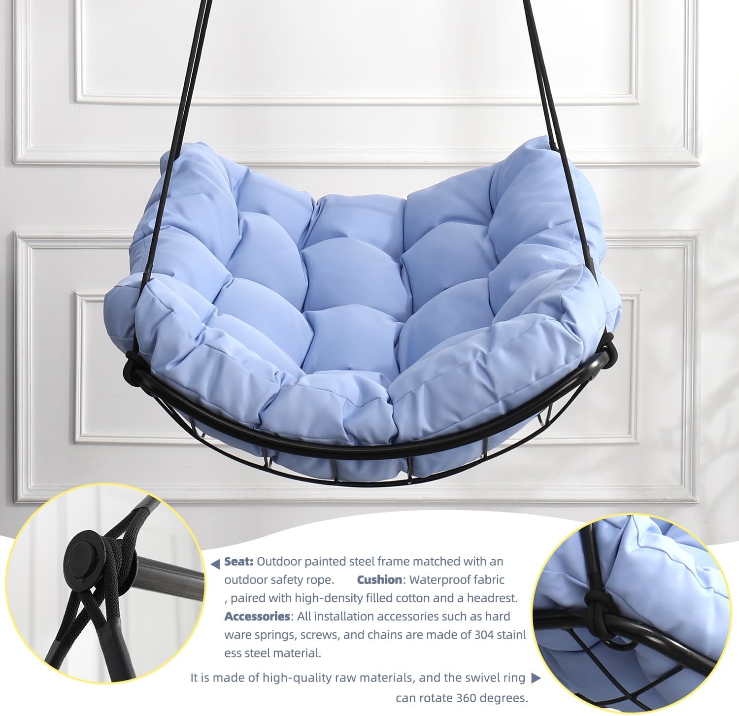Hammock Chair Swing with Cushion - Outdoor Indoor Hanging Hammock Chair for Patio, Porch, Bedroom, Garden, Courtyard, Balcony - Sturdy Steel Bar with Anti-Slip Safety Rings(Blue Gray)