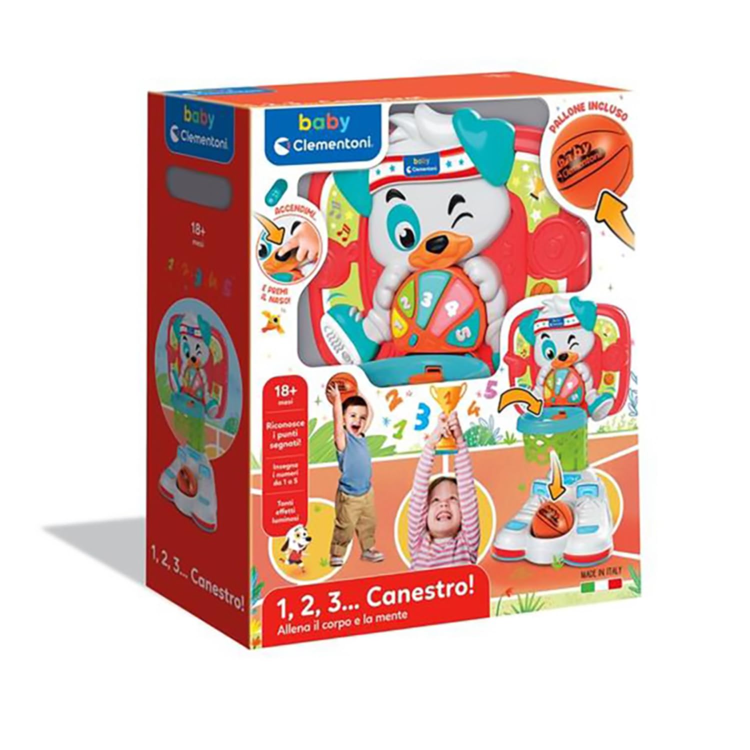 Clementoni Baby 1,2,3 Canestro Basket, Giocattolo Elettronico con Luci e Suoni Bambini 18+ Mesi, Impara Numeri e Colori e Sviluppa la Motricità, Palla Inclusa, Made in Italy, Lingua Italiana, 17437