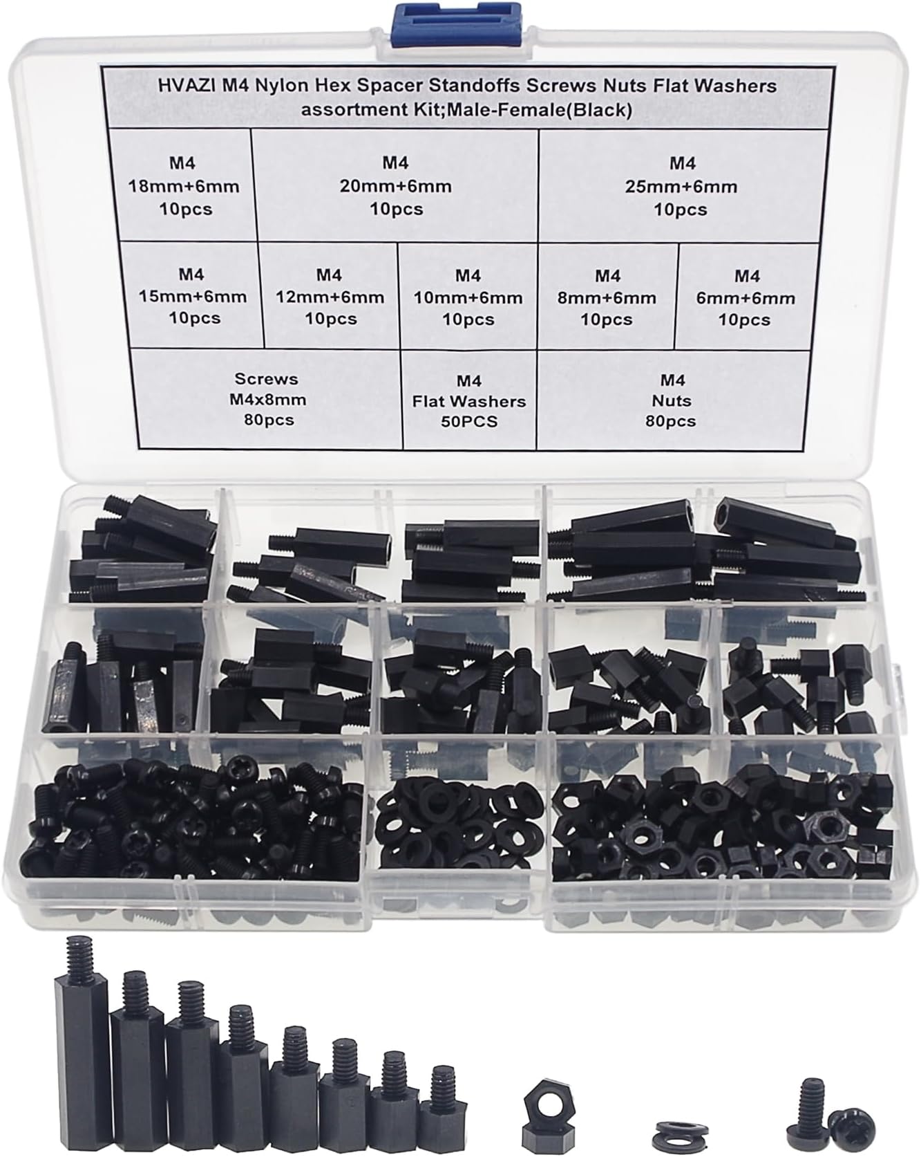 M4 Nylon Hex Spacer Standoffs Screws Nuts Flat Washers Assortment Kit;Male-Female(Black)