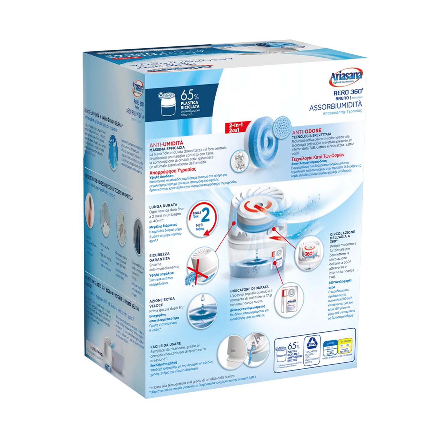 Ariasana Aero 360° Bagno Kit Assorbiumidità, deumidificatore casa non elettrico, assorbi umidità contro condensa, muffa e cattivi odori, 1 dispositivo e 1 ricarica in Tab da 450g - 2