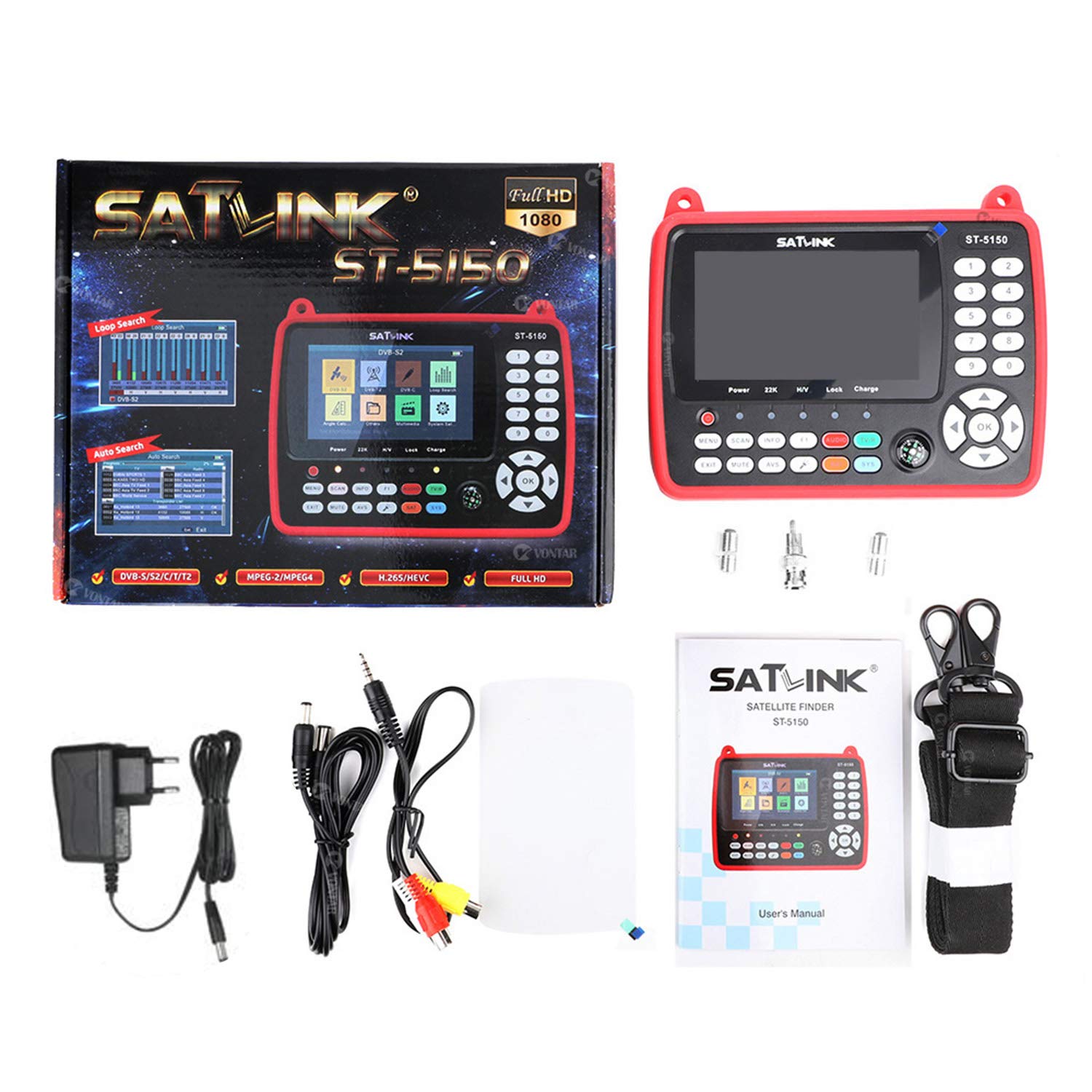 Détecteur de satellite, ST-5150 DVB-S2/T2/C COMBO Satellite TV Signal Finder Digital Handheld Signaler chercheur de satellite H.265 HEVC MPEG-4 4,3 pouces TFT LCD chercheur de satellite