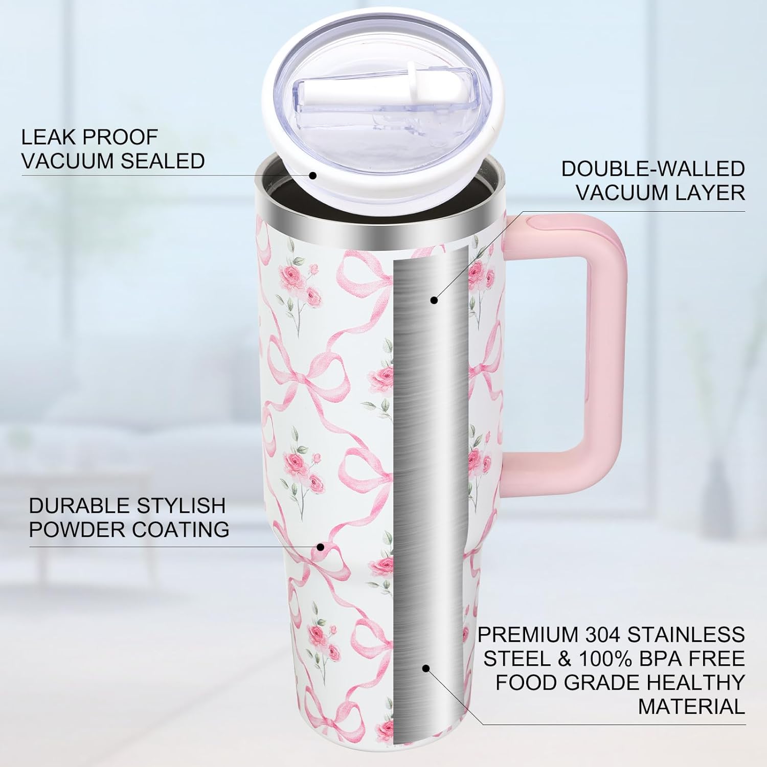 40 oz Pink Bow Floral Tumbler with Handle and Flip Straw Lid, Vacuum Insulated Leak Proof Double Walled Stainless Steel Travel Mug Flower Tumblers, Maintains Cold Ice and Heat for Hours - Image 7
