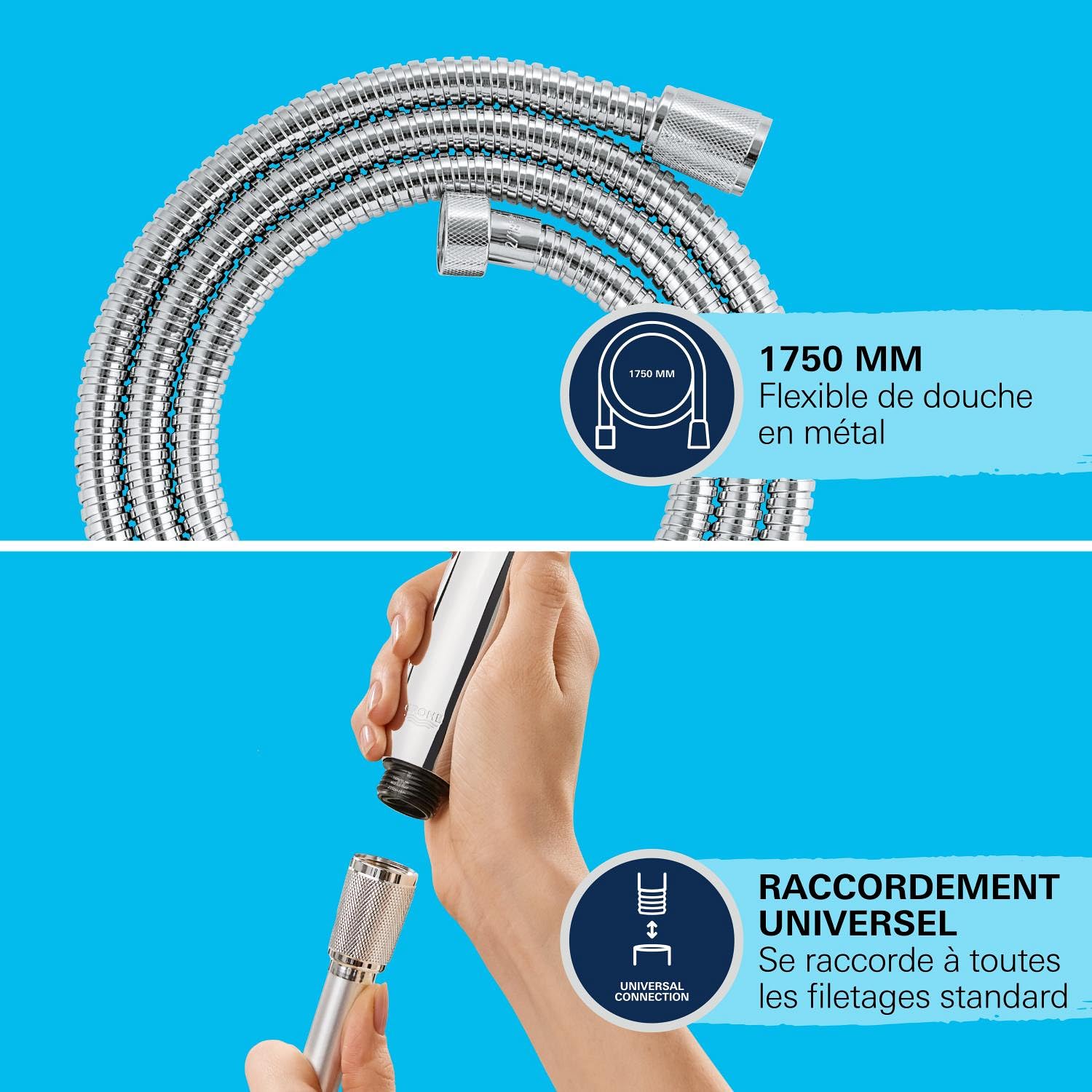 GROHE Flexible tuyau de douche salle de bains VitalioFlex métallique, tuyau de douche 1500mm, anti-pliures, finition brillante, raccord fileté universel 1/2", chromé, 27503001 (Import Allemagne)