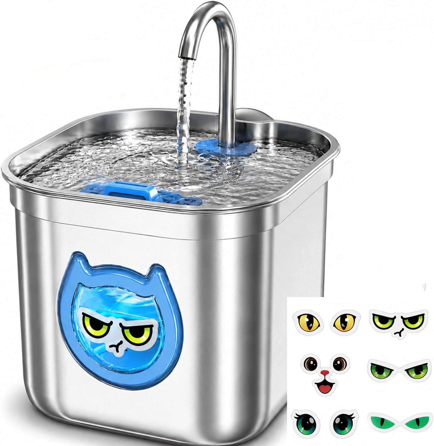 Homtyler Luxury Automatic Cat Water Fountain for Pets, 2.2L/74oz Stainless Steel Dog Water Dispenser with Filter, BPA Free & Silent, Featuring LED Light, Easy Clean & Cat View Window