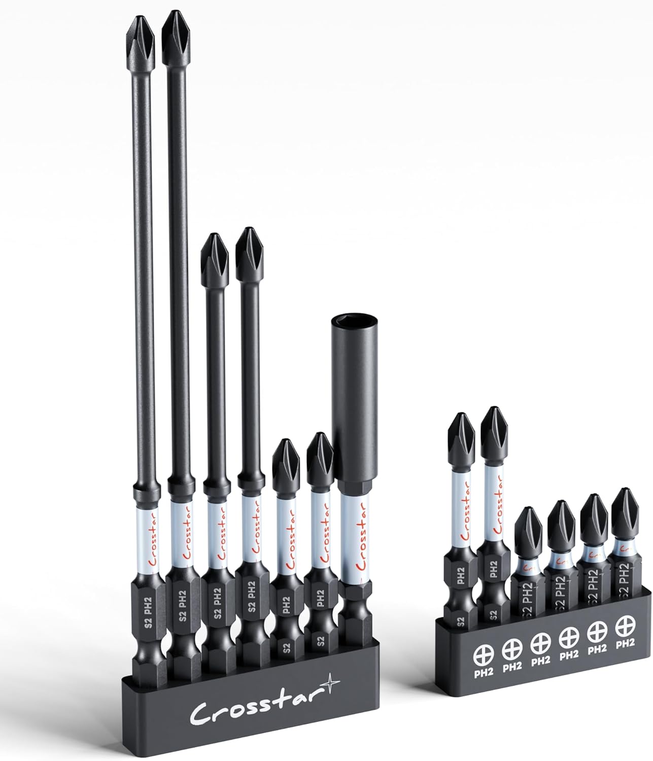 Crosstar 13-Pack #2 Phillips Magnetic Impact Bits – Anti-Slip CNC Tips, S2 Alloy Steel, 1/4" Hex Shank, Impact Ready for Drill & Driver, Professional & DIY Use