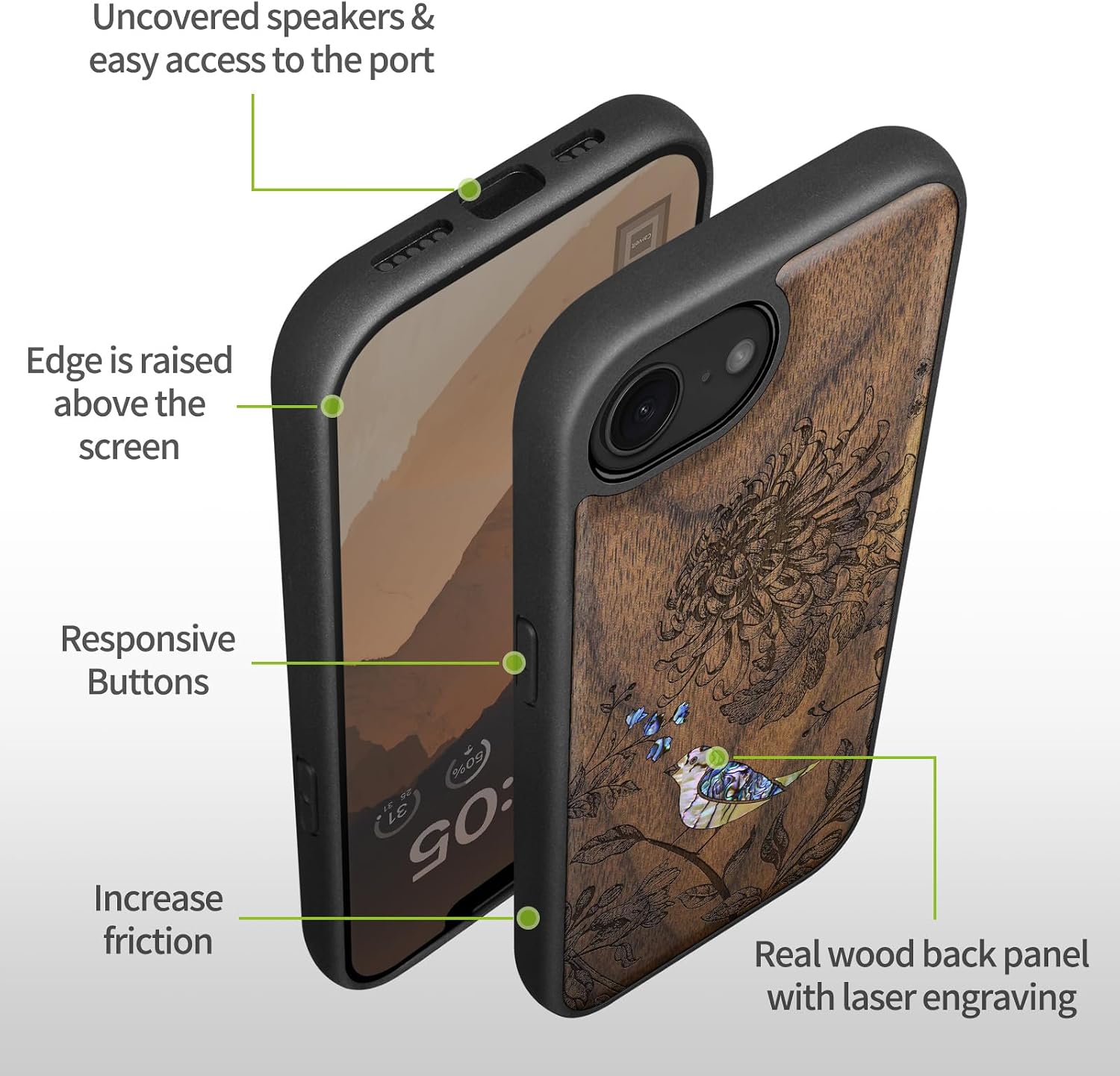 Carveit Magnetic Wooden Case for iPhone 16e / 17e, Wood Artisan Engraved & Handmade Shell Inlaid, TPU Shockproof Cover, Compatible with MagSafe Wireless Chargers, Flowers and Bird - Walnut