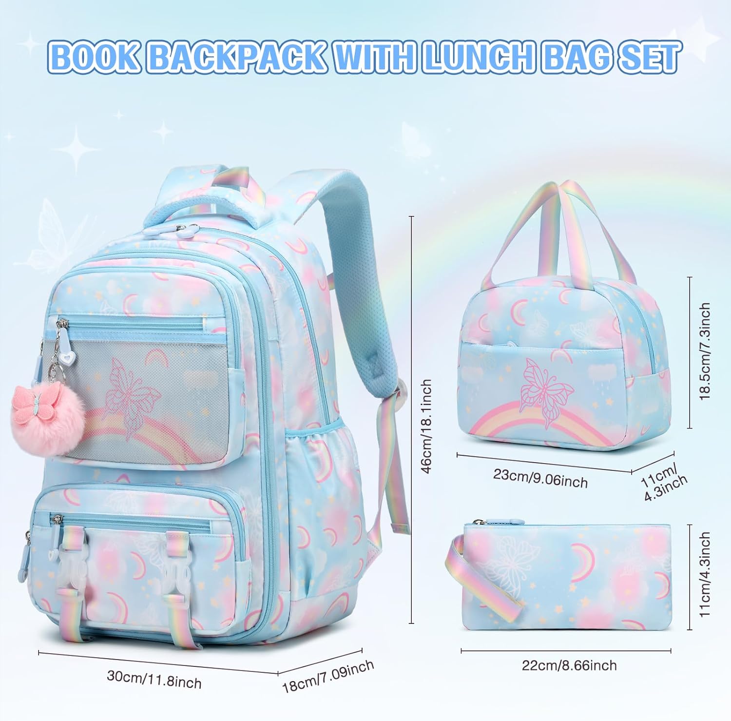 Scothen Backpack for Girls, Rainbow Butterfly Girls Backpacks with Lunch Bag Pencil Case Set, Kids Backpack Kindergarten Elementary Middle School Book Bag for Teen Girl Children Students