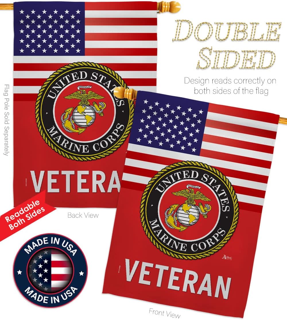 US Marine Corps Veteran House Flag - Dowel Set Armed Forces USMC Semper Fi United State American Military Retire Official - Decoration Banner Small Garden Yard Gift Double-Sided Made in USA 28 X 40