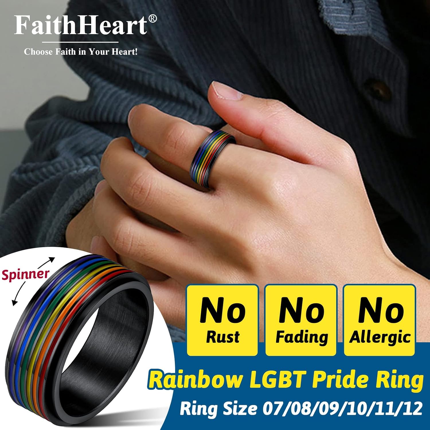 FaithHeart LGBT Pride Rainbow Fidget Rings, Stainless Steel/18K Gold Plated Love is Love Jewelry for Men Women Personalized Customize - Image 2