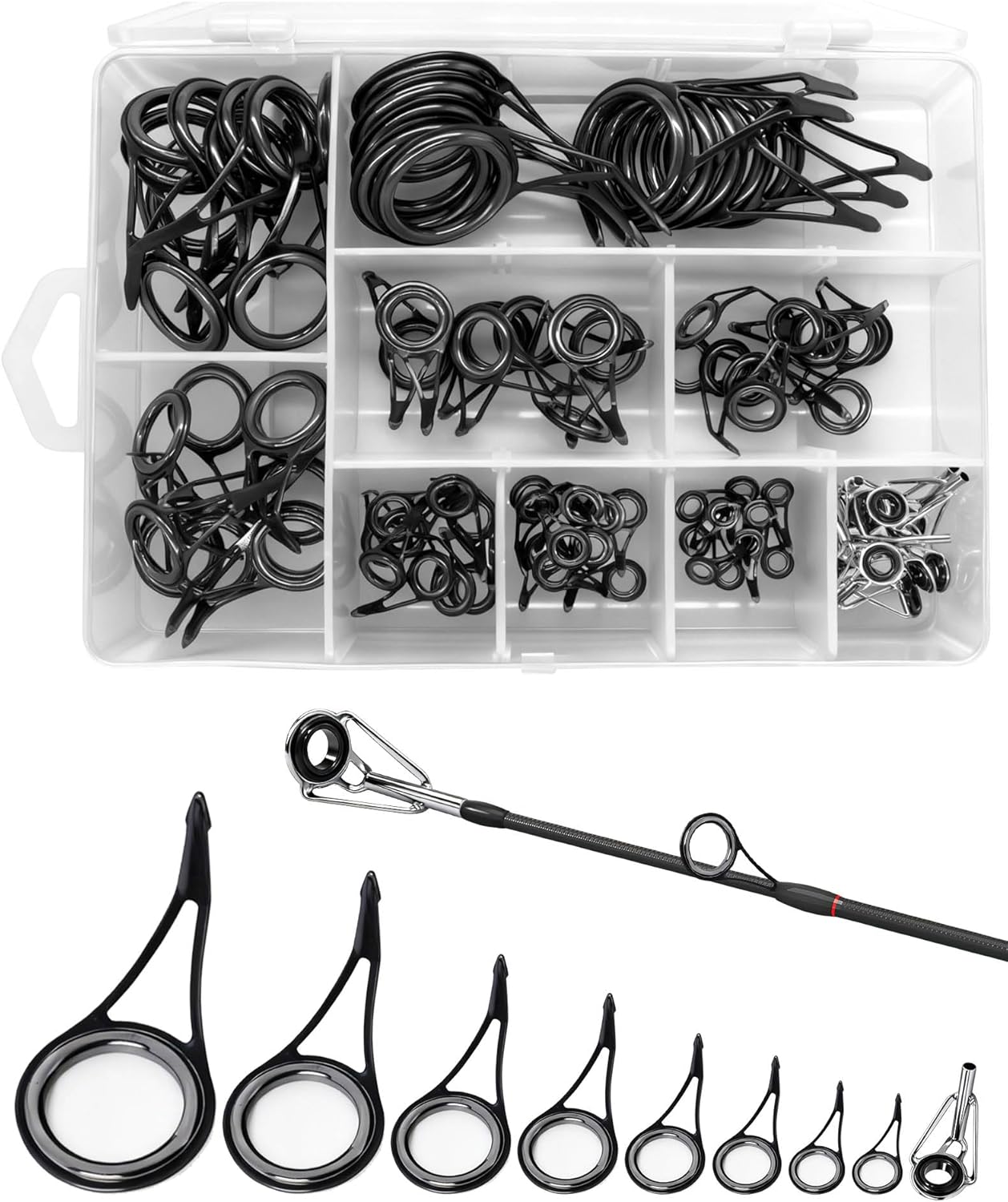 IZTOSS Fishing Rod Tip Repair Kit Fishing Rod Guides Replacement Kit Black Stainless Steel, Wear Resistant Ceramic Ring for Saltwater & Freshwater Fishing Rod 60/90Pcs