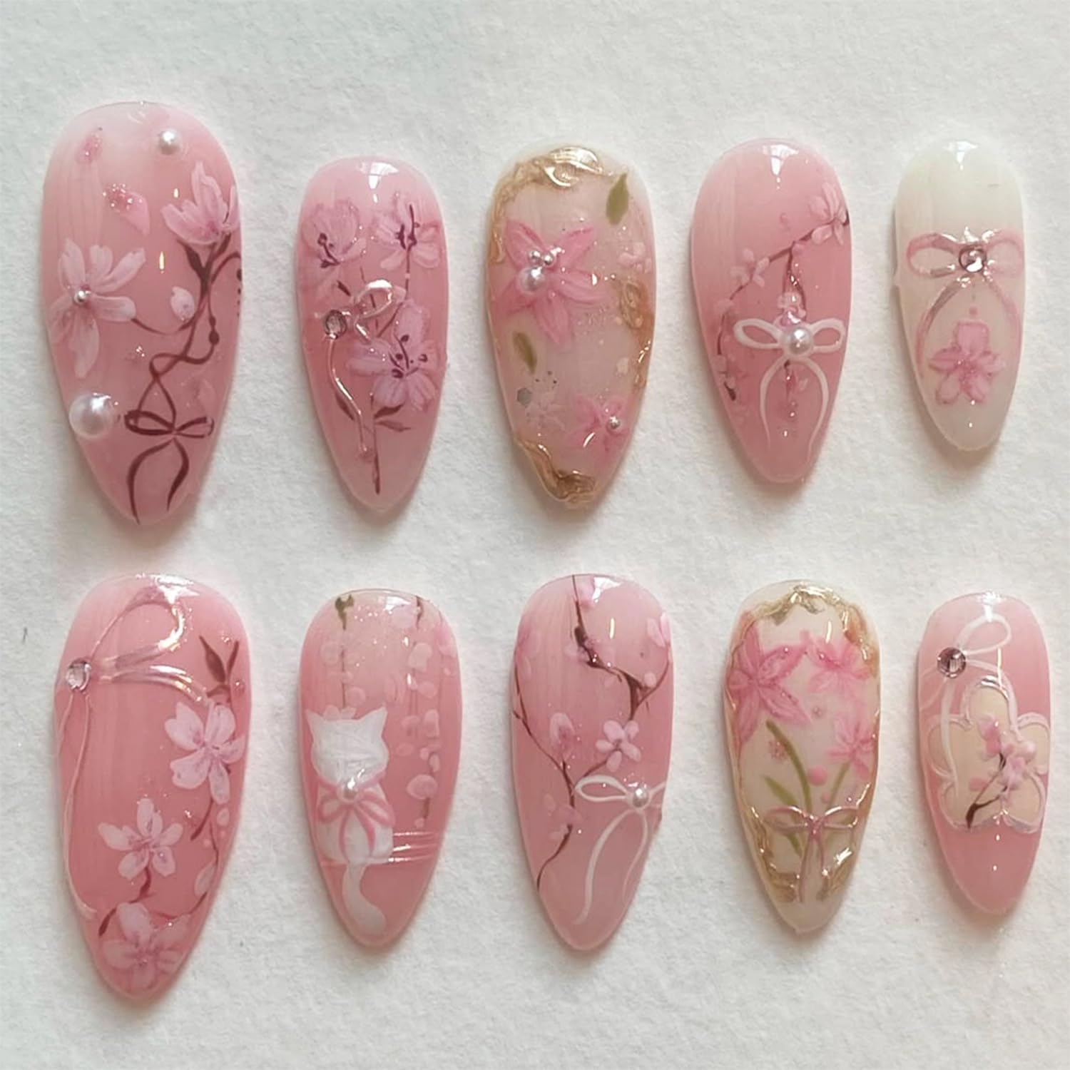 Cute Cat Almond Acrylic Press-On Nails Kit | Floral Design