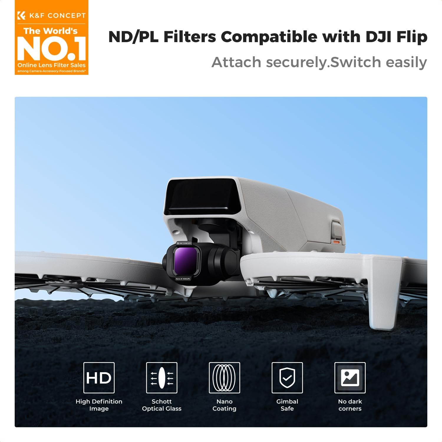 K&F Concept ND/PL Filter Set Compatible with DJI Flip, 4 Pack ND8/PL ND16/PL ND32/PL ND64/PL Neutral Density Polarizing Drone Camera Lens Filters Kit, HD Optical Glass Multi-Coated Drone Accessories
