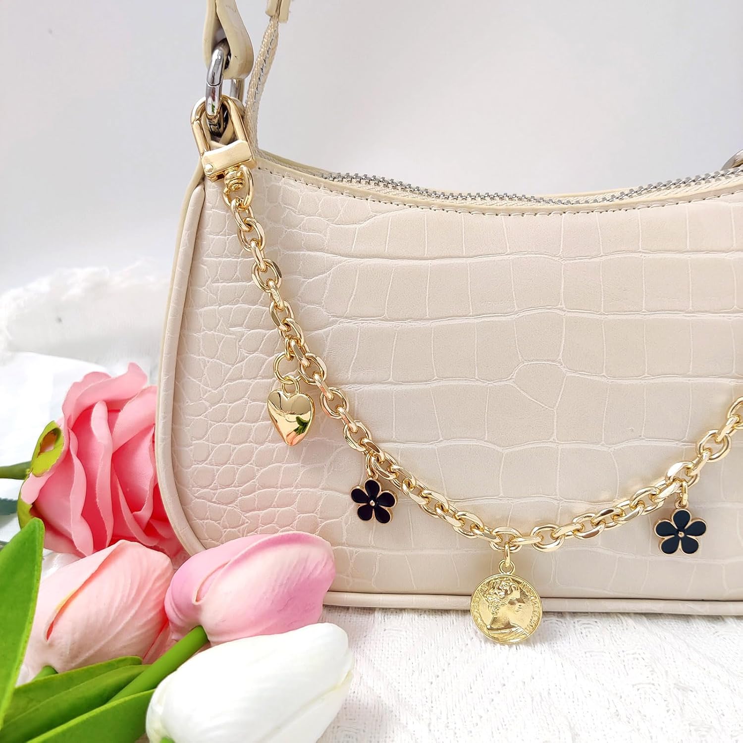 Purse Extender Chain Pearl Cherry Purse Chian Strap Replacement Short Chain Straps, Metal Flower Heart Purse Strap - Image 5