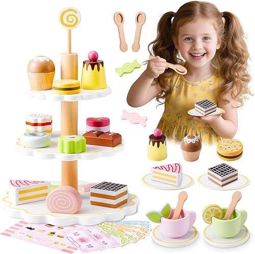 Juego de fiesta de té de madera para niñas pequeñas, juguete de la hora del té de la princesa de Ehome que incluye bandeja de postre, 31 piezas de
