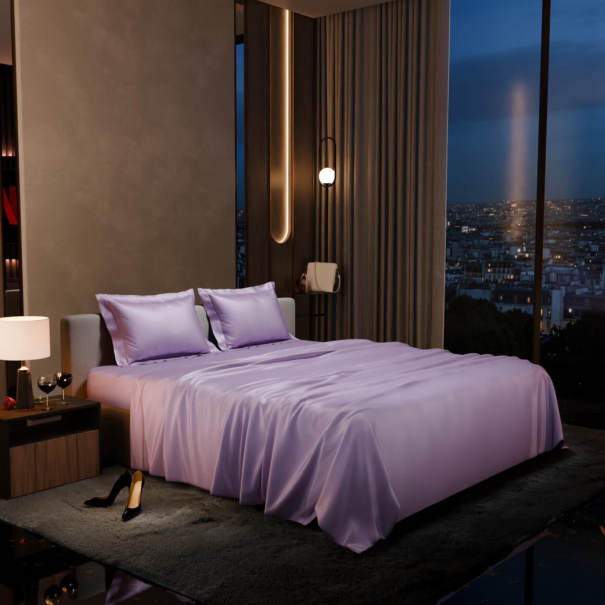 Stoa Paris Satin Bedsheet King Size with 2 Pillow Covers, 300TC Premium Bedsheets King Size, Home Decor, Ultimate Comfort, 274 cm x 228 cm, Date Night - Lilac