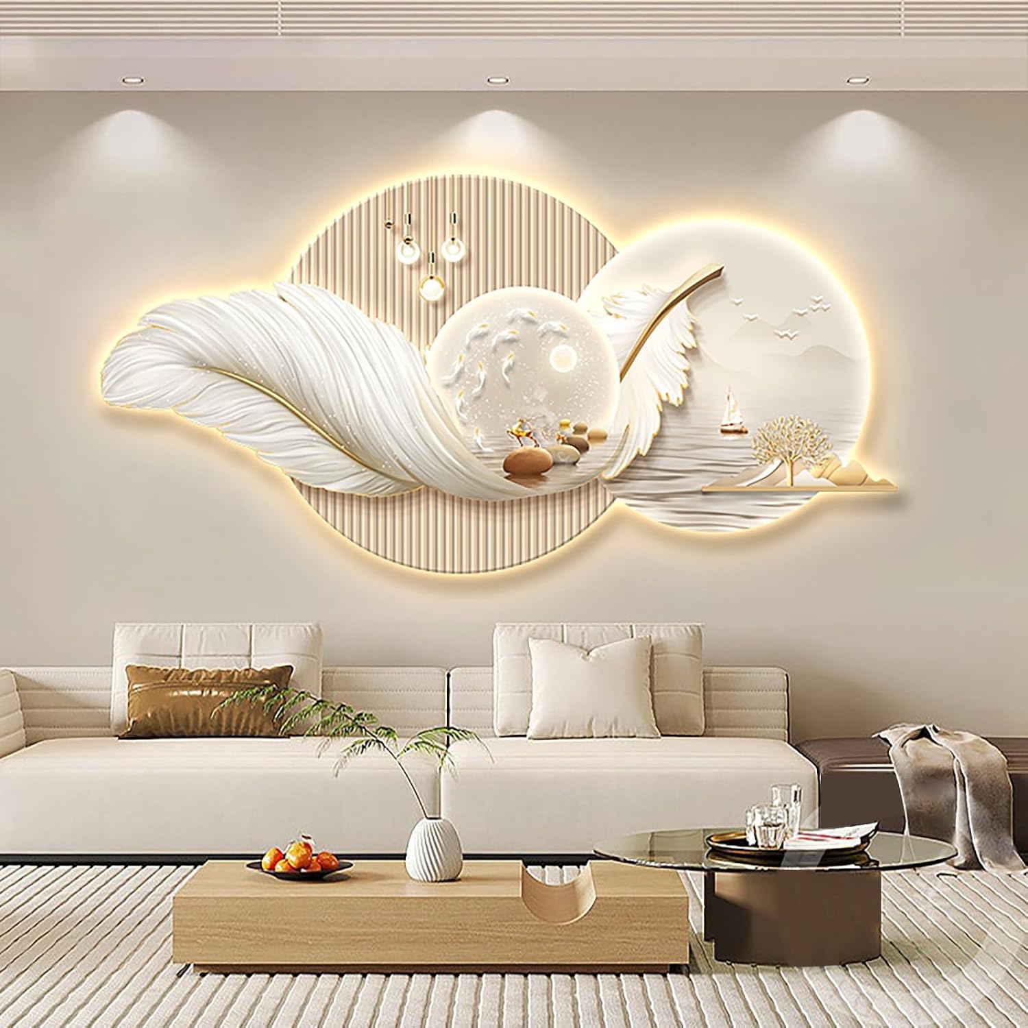 3D Wall Art Decor, Large Wall Sculpture Painting with Led Light, Creative Landscape Wall Hanging Mural Picture for Entrance Hallway Bedroom Home Decoration(55''x27.6'', A)