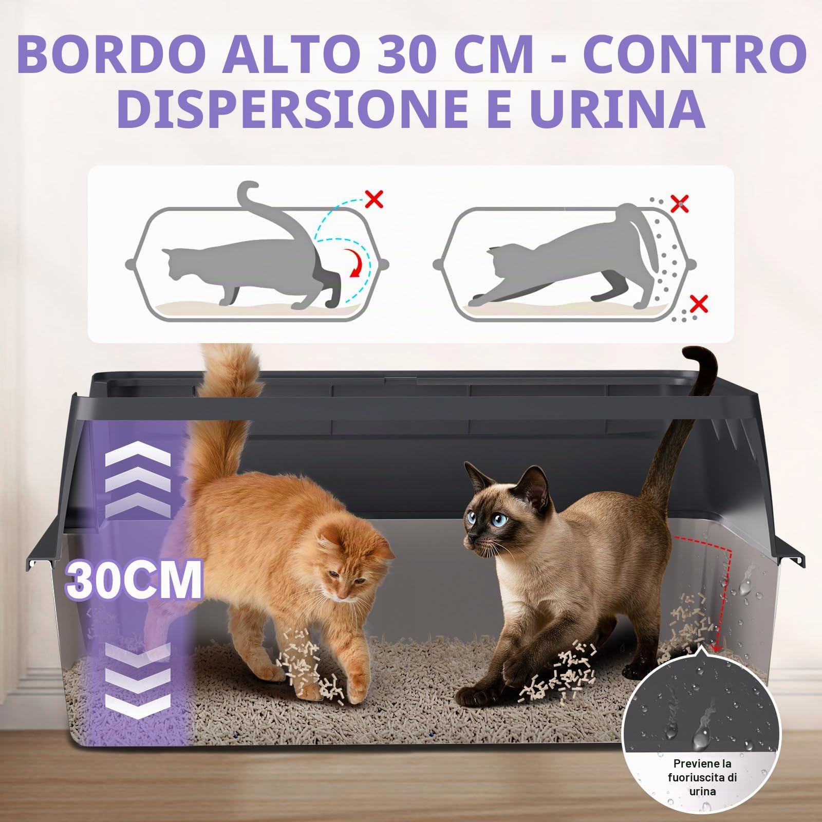 XXXL Lettiera per gatti in acciaio inox, bordo alto, 70 × 50 × 30 cm, inodore, nessuna perdita di urina, antiaderente, facile da pulire, in acciaio inox per gatti di grandi dimensioni, più gatti nero