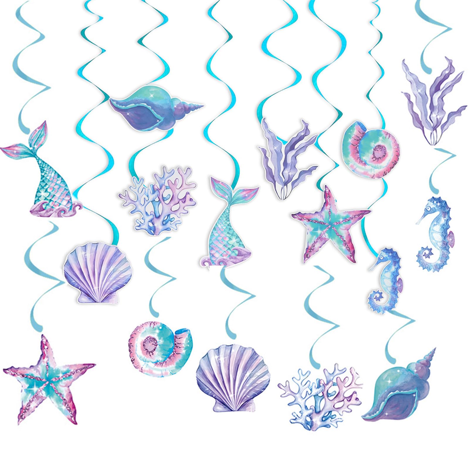 Decorazioni Festa Sirena - 8 Spirali Appese A Tema Oceano, Con Carte Stampate - Per Compleanni Bambini, Soffitti - Foto 7