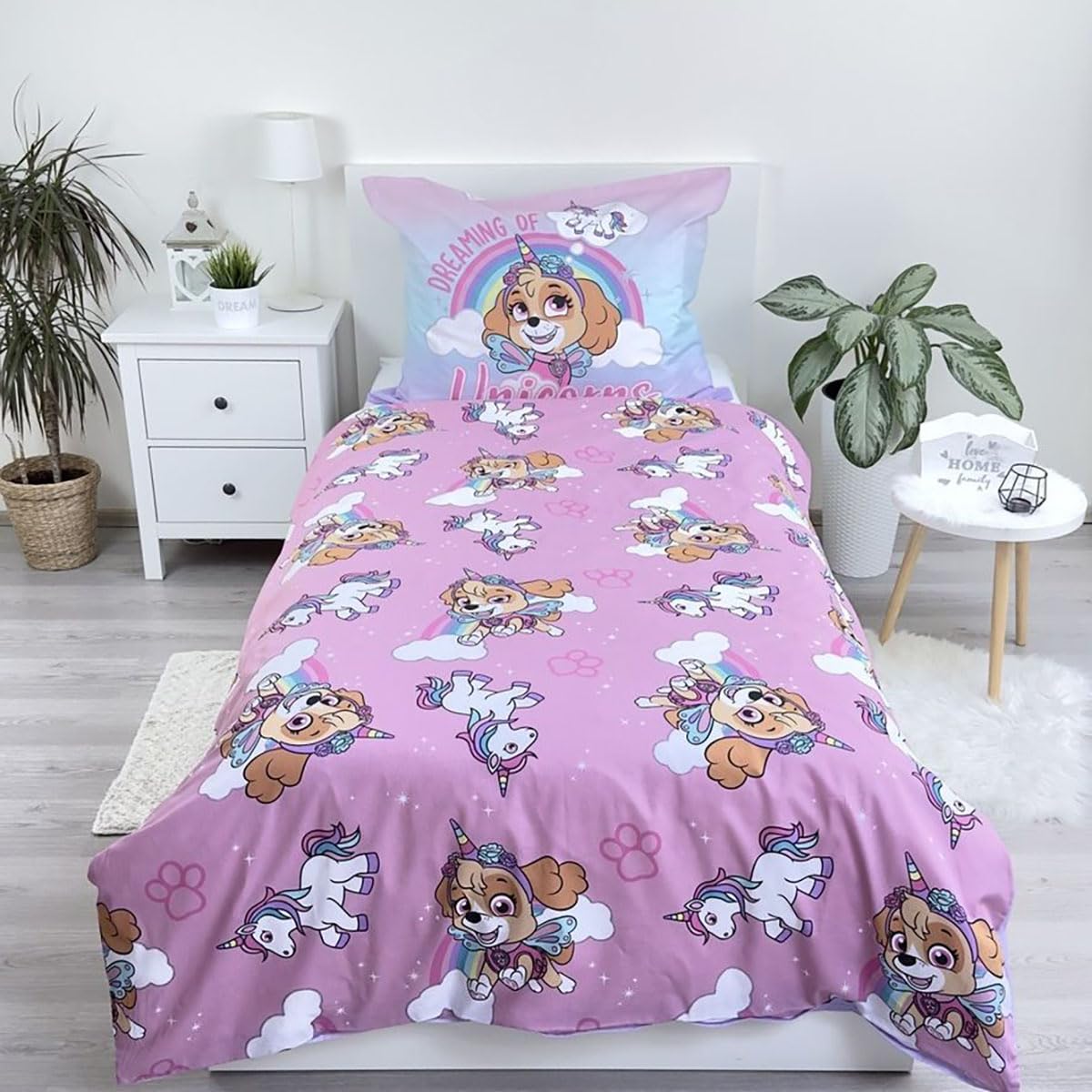 Jerry Fabrics PAW Patrol Biancheria da letto per bambini I Believe in Unicorns - Skye Unicorno Nuvola Arcobaleno Copripiumino 140 x 200 + Cuscino 70 x 90 cm 100% Cotone