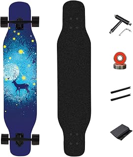 Longboard Double Kick Skateboard, Dancing Cruiser Maple Complete Board 107×23cm, Drop-Through Freeride Skating Cruiser Boards, High-Speed ABEC-9 Bearings
