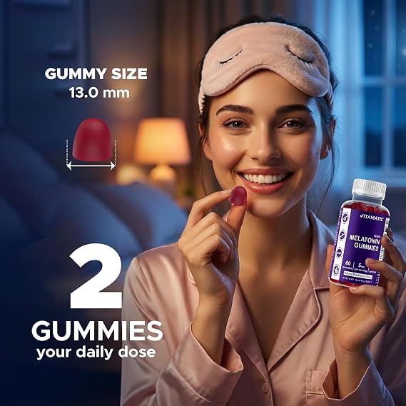 Vitamatic Vegan Melatonin Gummies 5 mg Per Serving, 60 Gummies | Support Heathy Sleep Cycle and Relaxation*, Natural Blackberry Flavor, Vegan & Plant Based, Gluten Free & Non-GMO