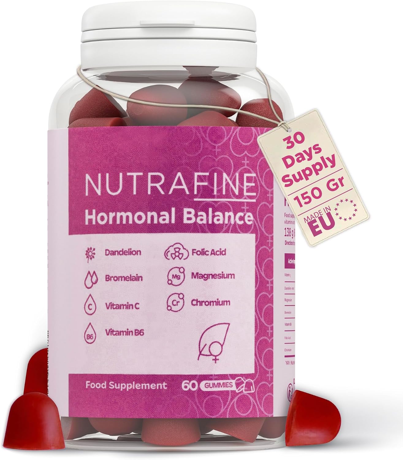 Hormone Balance for Women   Feminine Balance Gummies with Dandelion, Bromelain, Vitamins B6, C, Folic Acid, Magnesium & Chromium   Sugar-Free   60 Count