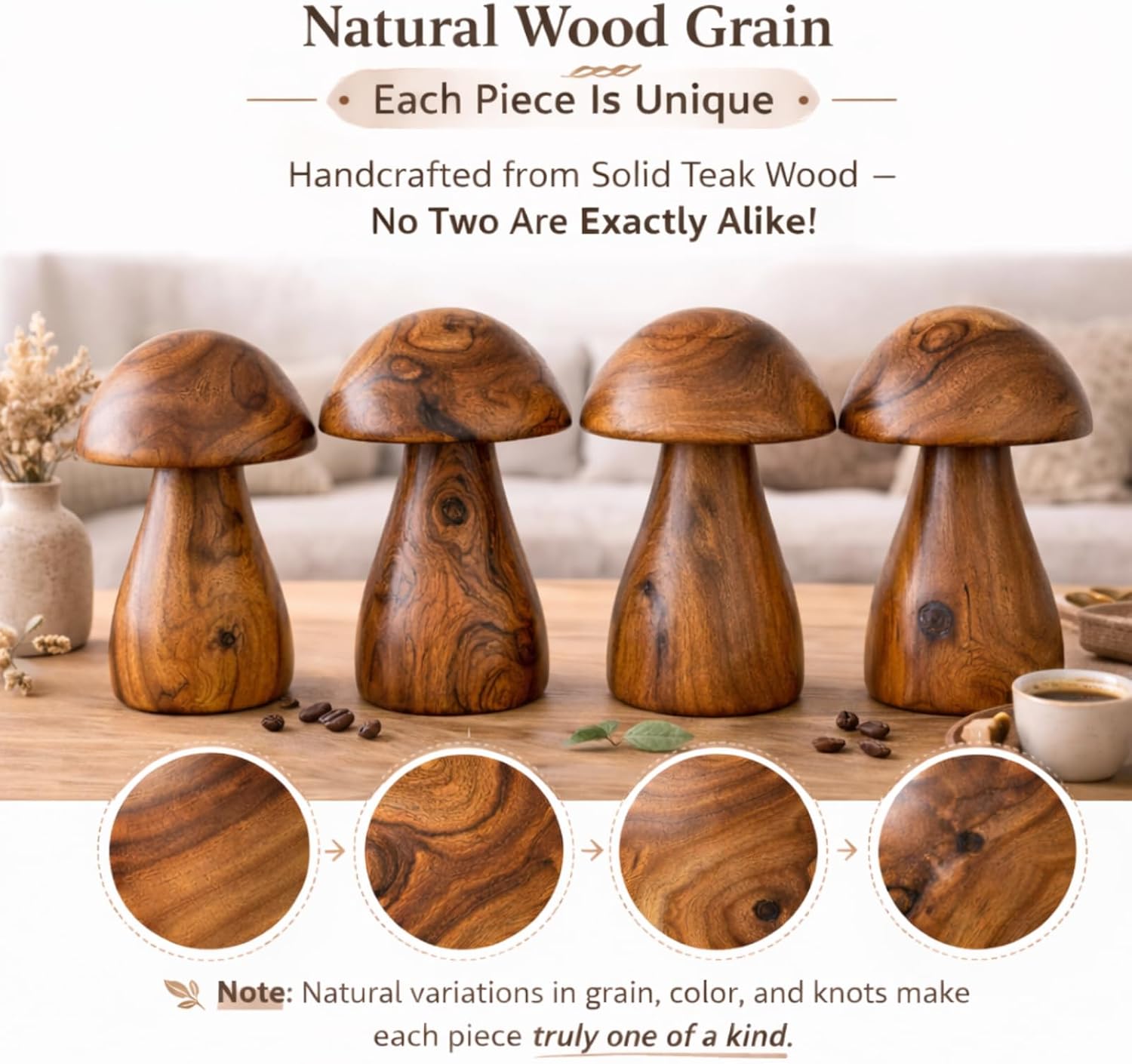 Handmade Teak Wood Mushroom Decor Statue, Rustic Wooden Sculpture Accent for Living Room, Boho Tabletop Figurine, Natural Solid Wood Home Decoration for Indoor