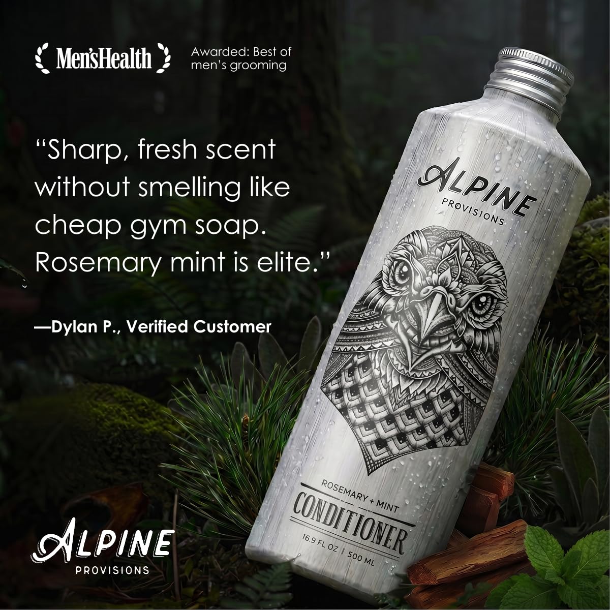 Alpine Provisions Rosemary & Mint Organic Conditioner - Naturally Moisturize, Repair, & Strengthen with Essential Oils, Sunflower oil & Aloe Vera, Vegan, Sulfate - Plant-Based Hair Care - 16.9 FL Oz
