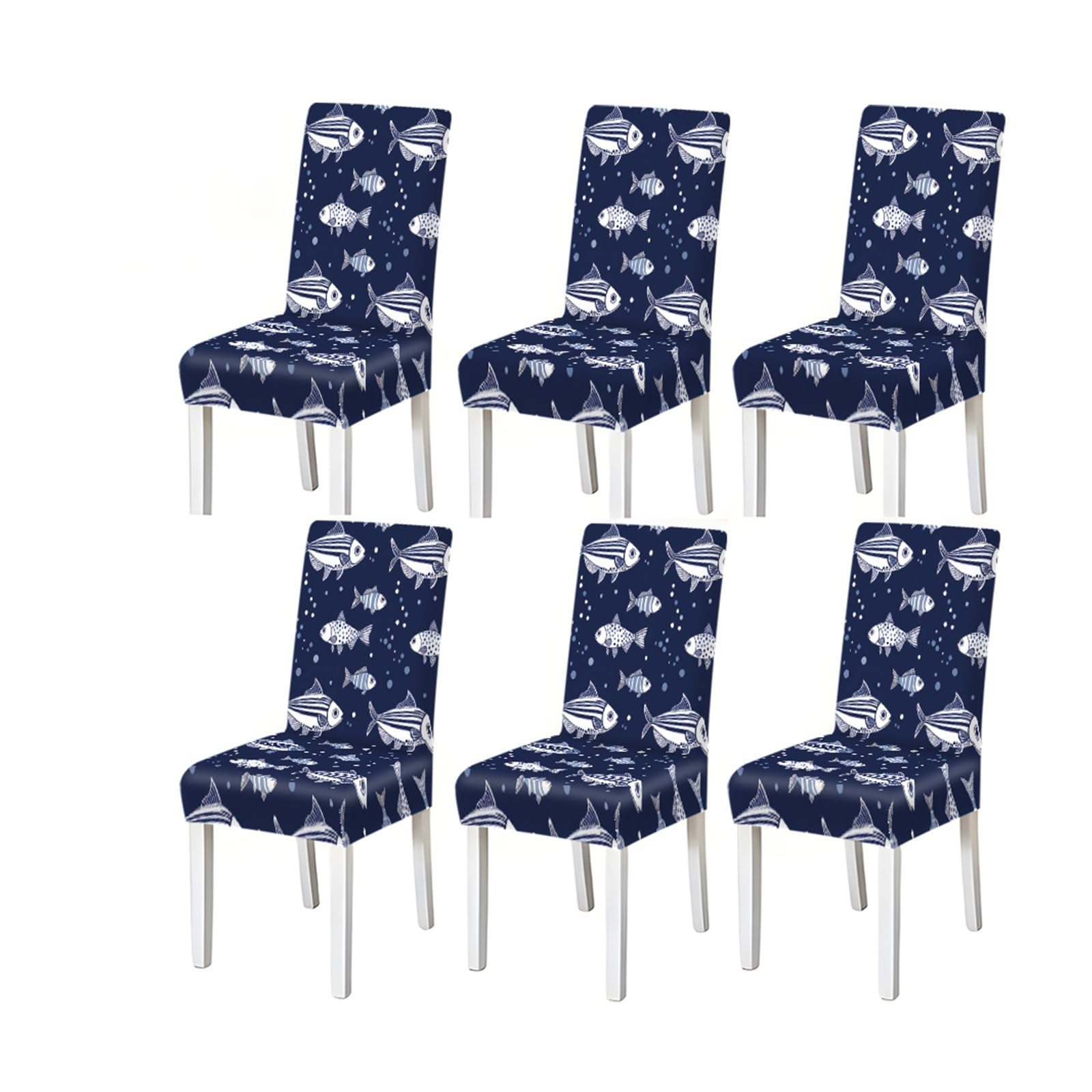 KXUAUV Navy Blue Background Fish Pattern Nautical Dining Chair Covers Set Of 2/4/6, Stretch Slipcovers For Kitchen Dining Room Seat Protectors for Restaurant Hotel Party(6PCSChair cover)