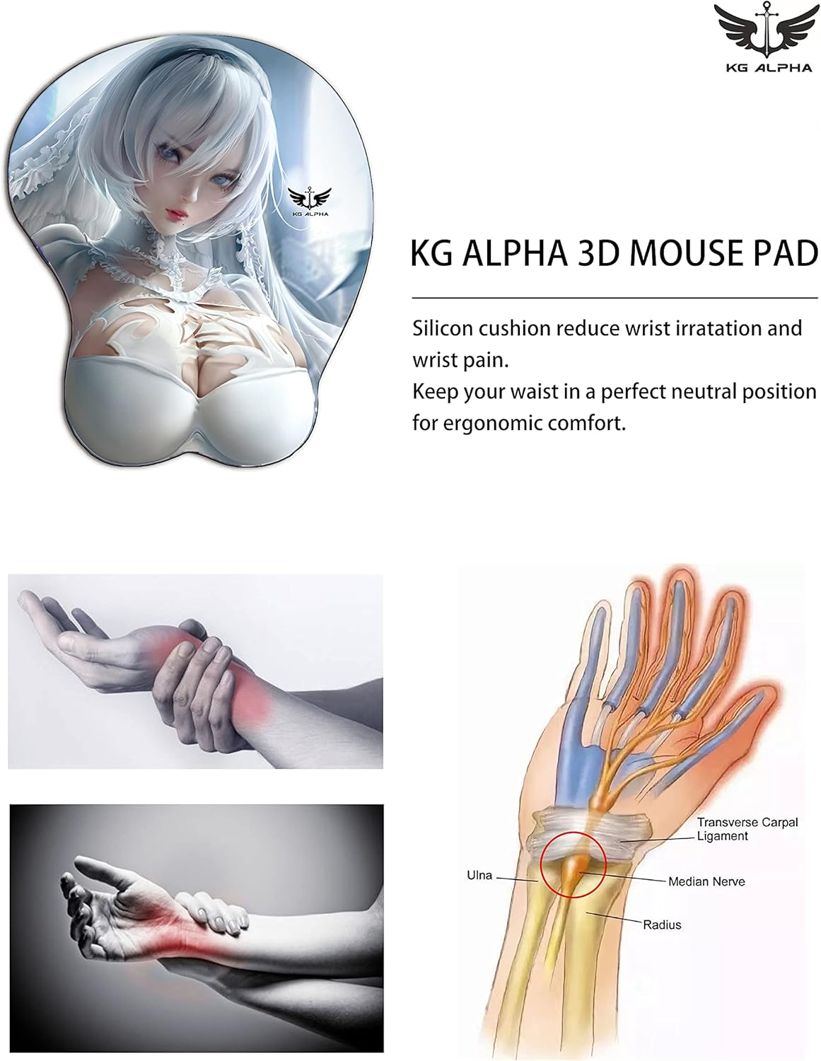 3D Anime Gaming Mousepad, Ergonomic Mouse Pad with Wrist Support Rest, Mousepad Gel Wrist Rest Memory Foam Non-Slip Pain Relief for Computer Home Office KG Alpha NieR Automata 2B