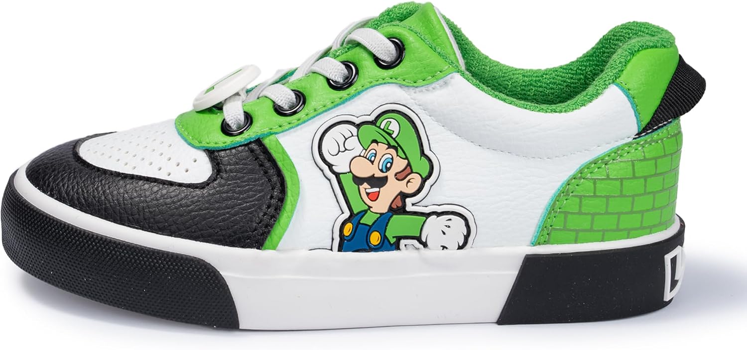 Super Mario Youth Lace-Up Court Sneakers – Nintendo Character Athletic Shoes for Kids Boys Girls – Lightweight Casual Streetwear Tennis Style Trainers with Durable Soles