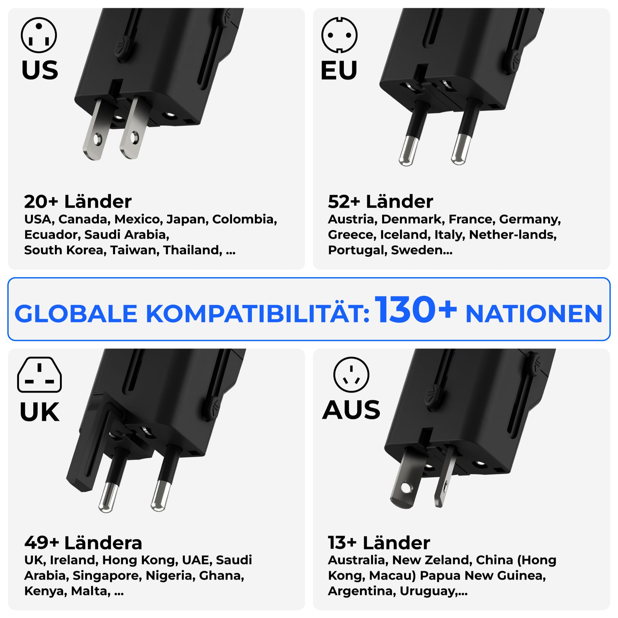 Rolling Square Pocket Travel Adapter - Universal-Ladeadapter mit USB-C für 200+ Länder US, EU, UK, AU, Stecker mit 30W Schnellladung für Smartphones, Tablets & mehr, Kompakt & Leicht, Schwarz